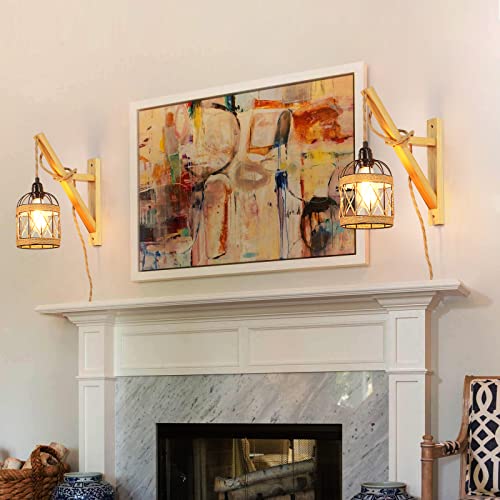 HOTRAN Rustic Wall Sconces Set of Two Plug in, Wall Lamps for Bedrooms Set of 2, Farmhouse Wall Mounted Lights for Bedside, Living Room,Sconces Wall Lighting Fixtures with 8.2Ft On/Off Switch Cord