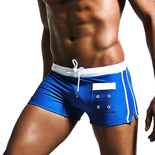 Elogoog Mens Swim Trunk Swimming Briefs Boxer Shorts Solid Color Swimwear Pants Slim Wear with Pocket (M, Blue)