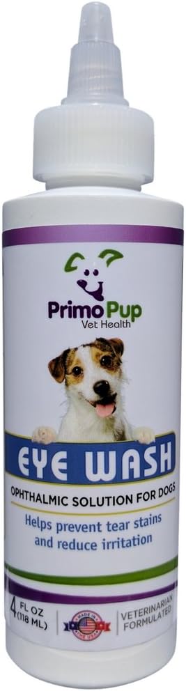 Primo Pup Vet Health โ Eye Wash for Dogs - Removes Debris, Cleans Eyes, Relieves Irritation and Prevents Tear Stains - 4 Fluid Ounces
