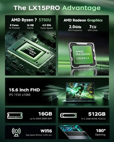 Tivique 2026 Laptop 15.6 Inch, Laptop Gamer with Ryzen 7 5700U (up to 4.3GHz) 8C/16T, 16GB RAM DDR4*2 + 512GB SSD M.2, 1080 FHD, BT5.2, USB3.2, Type-C, HDMI, Fast 65W, WiFi 6