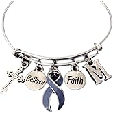 Personalized Believe Faith Periwinkle Awareness Ribbon Expandable Charm Bracelet Adjustable Bangle One Size Fits All Gift Stomach Cancer Awareness Choose your Initial Charm Other Options Available