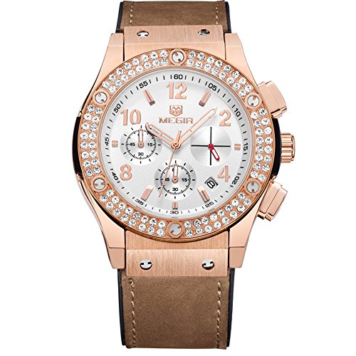 GORBEN MEGIR Women Men Rose Gold Crystal Dial Chronograph Auto Date Quartz Sports Watch With Box