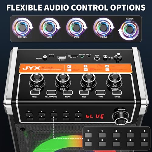 JYX Karaoke Machine with Two Wireless Microphones, Bass/Treble Adjustment and LED Light, TWS Support, AUX Input, FM Radio, REC, Party/Meeting/Wedding Supply - Black