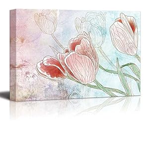 Sketches of Tulips Placed on a Vintage Watercolor Painted Background - Canvas Art Home Art - 12x18 inches