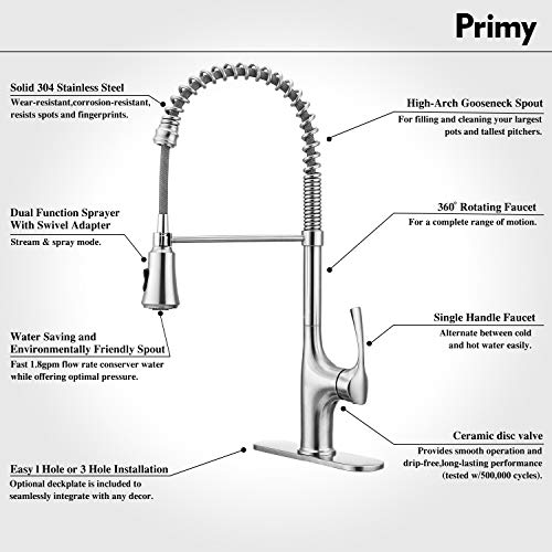 Primy Commercial Kitchen Faucets With Pull Down Sprayer Modern Heavy Duty Lead-Free Single Handle High-Arc Kitchen Sink Faucet With Deck Plate, Solid 304 Stainless Steel - Thumbnail 4
