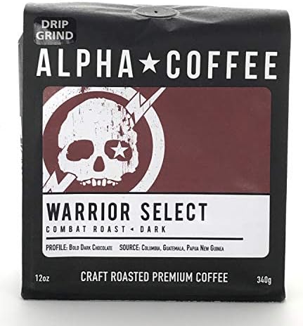 Alpha Coffee, Ground Coffee Dark Roast, 12 ounces, Bold Warrior Select Blend, 100% Arabica Coffee, from Papua New Guinea, Guatemala, Colombia