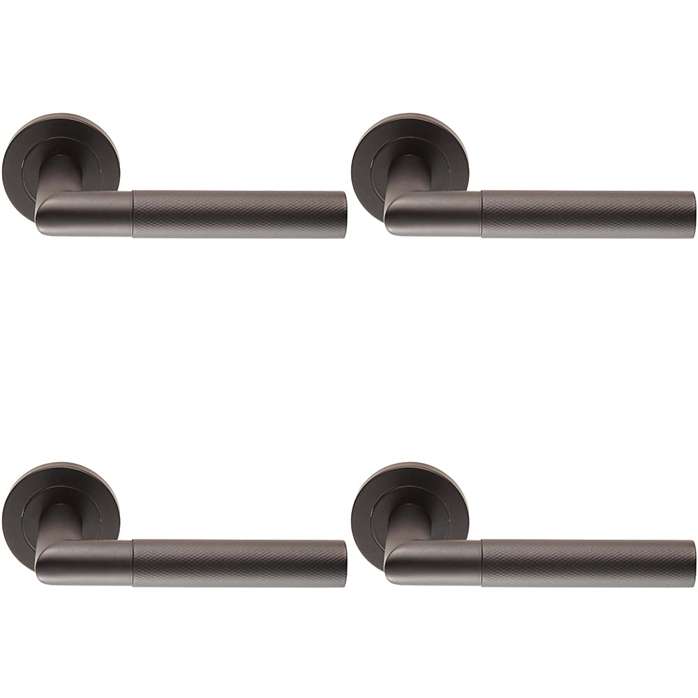4 PACK | PAIR Knurled Round Bar Handle on Round Rose - Concealed Fix - Matt Black | Door Handle Lever on Screwless Rose - Internal Door Hardware - Screws, Fixings and Spindle Included