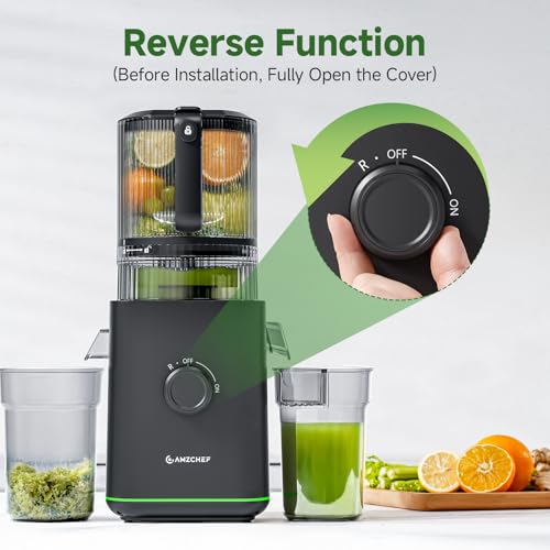 AMZCHEF Cold Press Juicer, Slow Masticating Juicer with 160mm Wide Feed Chute & 2.5L Large Hopper, 3-in-1 Juicer Machines with 2 Strainers(Juice, Nut Milk & Sorbet), Quiet Motor, Quick Release Design