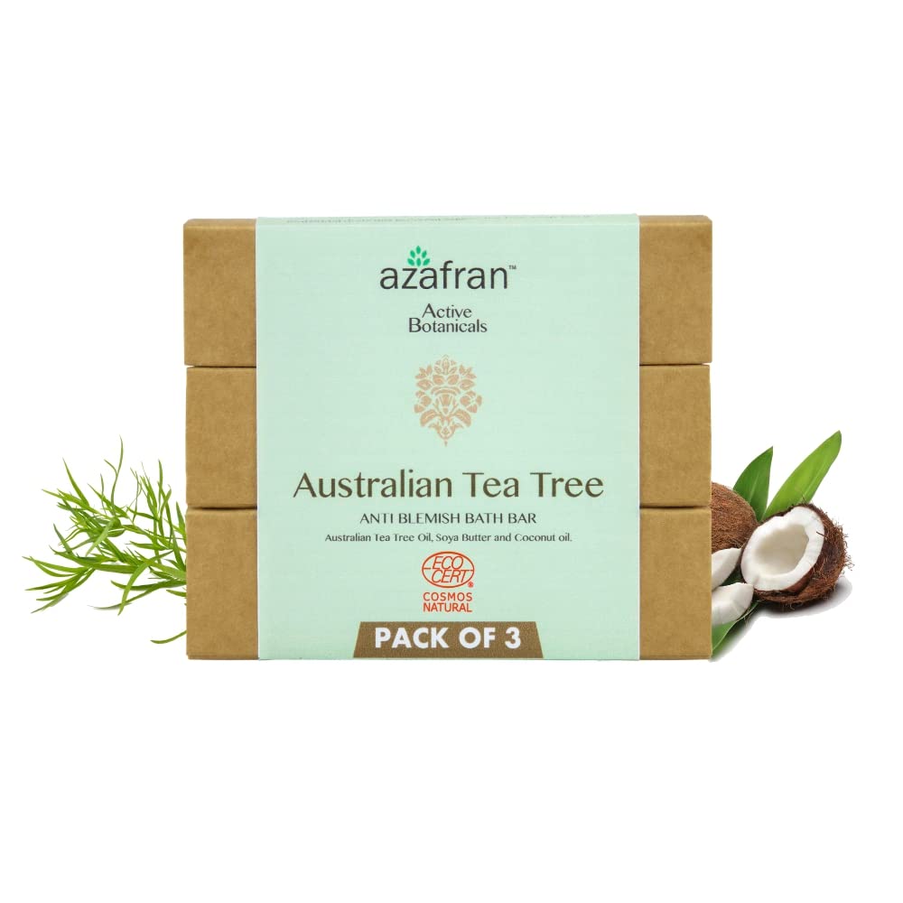 Azafran Australian Tea Tree Body Bath Soap Bar pack of 3 - With Organic Pure Essential Oil, Anti-Blemish Antiseptic, Vegan, Non-GMO, Sensitive Skin Safe - 300 Grams