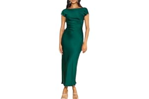 GMEITOEY 2025 Satin Cap Sleeve Cowl Back Summer Dresses for Women Elegant Ruched Waist Wedding Guest Midi Dress