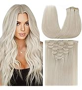 LAAVOO Platinum Blonde Hair Extensions Clip in Human Hair Silky Straight 16Inch #60 White Blonde ...