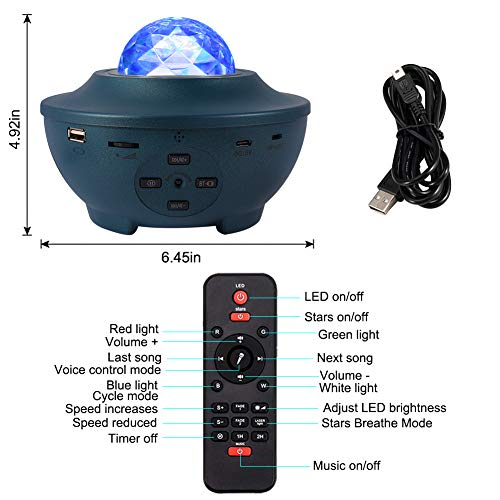 VOLADOR Star Projector Night Light, Galaxy Room Projector with Bluetooth Music Speaker, Ocean Wave Ceiling Projection Light Mood Light with Remote, Timer for Kids Adults Bedroom Party - Blue