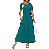 ZESICA Women's Summer Short Sleeve Maxi Dress 2026 Casual Crewneck Pleated A Line Flowy Long Dresses with Pockets