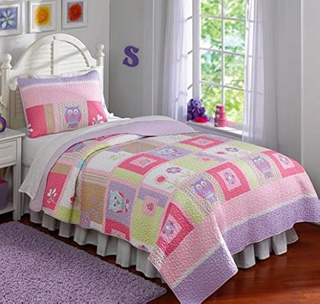 Amazon Com Creative Kids Owls Pink Purple Green Nature Girls Twin Quilt Sham Set 2 Piece Bedding Home Kitchen