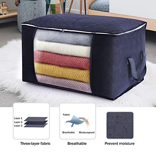 Clothes Storage Organizer, Large Storage Container with Thickened Handles for Bedding, Clothes and Blankets, Strong Zippers, Transparent Windows, 4 Pieces (Blue)