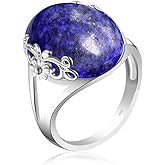 DALEGEM Natural Blue Lazurite/Green Epidote Jasper Quartz Crystal Stone Ring for Women,S925 Sterling Silver Edged with Flower Vine Thick Natural Genuine Quartz Crystal Gemstone Turkey Ring Jewelry