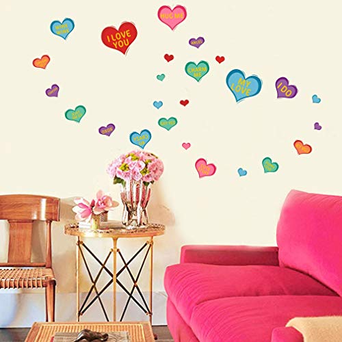 TOARTi Love Heart Quotes Wall Decals(42 Decals), I Love You Stickers, Colorful Hearts Wall Art Inspirational Saying Decals for Valentine's Day Party Supplies Window Door Couple Bedroom Decor