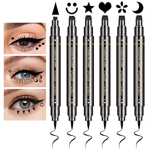 6PCS Black Liquid Eyeliner Stamp Set,Long Lasting Waterproof Smudgeproof Double Headed Eyeliner Pen - Triangle, Flower, Moon, Smiley, Star, Heart Stamp Eyeliner Stencils Shapes for Women Girls