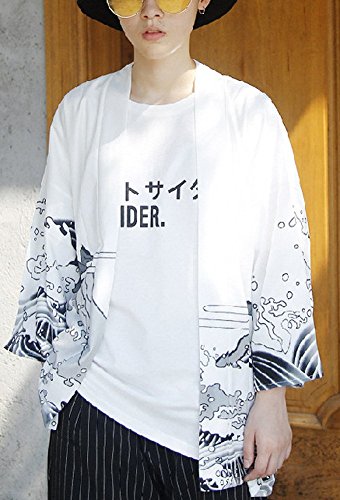 Men's Kimono Yukata Cardigan Casual Dragon Pattern Open Front Coat (White, Large) - Thumbnail 5