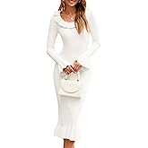 Wenrine Womens Bodycon Midi Sweater Dress Casual Ribbed Knit Bell Long Sleeve Ruffle Crewneck Decor Button Dresses
