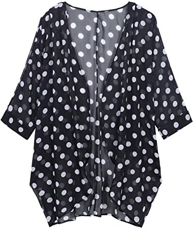 WEIYAN Women's Summer Tops Loose Chiffon Kimono Cardigan Blouse (Medium, Black Circle)