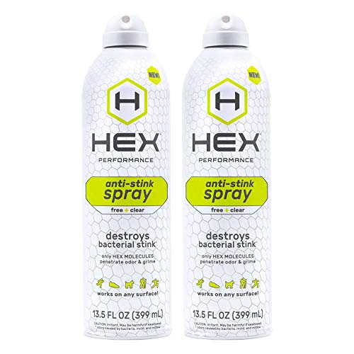 HEX Performance Anti-Stink Spray, Free + Clear, 13.5 Ounce (2 Pack) Fragrance-Free Deodorizing Spray for Sports Gear, Shoes, Yoga Mats, Pet Beds, Camping Gear, Exercise Equipment