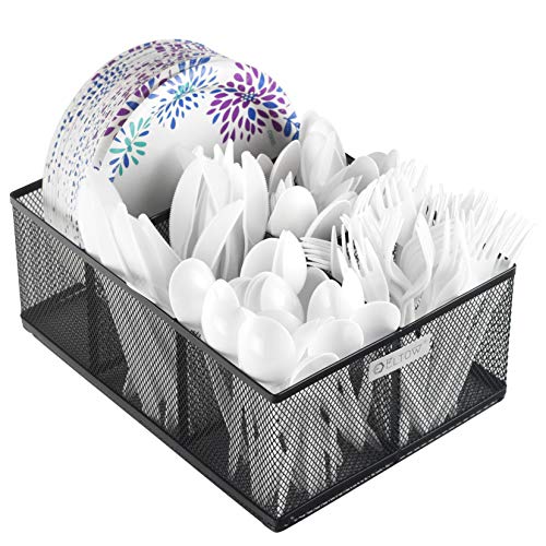 Eltow Cutlery Utensil Holder - Organizer Caddy with 5 Slots for Cups, Forks, Spoons, Plates, Napkins, Condiments and More - Mesh Holder is Excellent for Silverware Organization, Home and Kitchen Décor