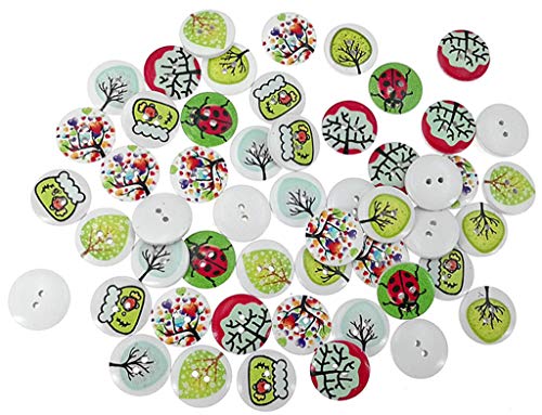 Kinteshun Wooden Buttons Round Natural Wood 2-Holed Fastener Buttons for Sewing Knitting Handcraft(100pcs,Off-White,Assorted Floral Patterns)