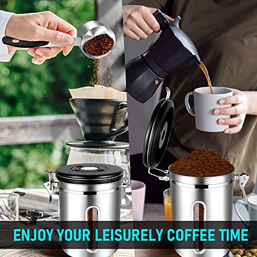 Kaffeedosen Luftdicht 1800ML Kaffeebohnen behälter mit transparentem Fenster, Vorratsdosen aus Edelstahl mit Datums-Tracker, 30ML Messschaufel und CO₂-Ventil für Kaffee Kaffeebohne Pulver, Zucker, Tee