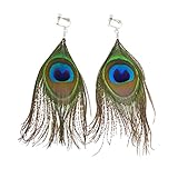 KISSPAT Native Peacock Bohemian Clip On Blue Feather Dangle Earrings for women