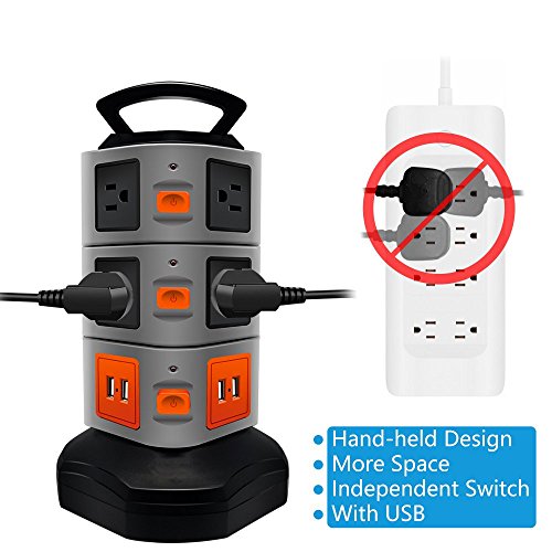 Surge Protector Power Strip, Lovin Product Safety Universal Electric Charging Station; with 10 Outlets 4 USB/Rotating Tower/ 6 feet Cord Wire Extension Power Strip Tower (10 Outlets 4 USB)
