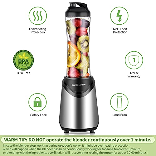 La Reveuse Smoothie Blender Personal Size 300 Watts with 2 Pieces 18 oz BPA Free Travel Sports Bottles (Silver)