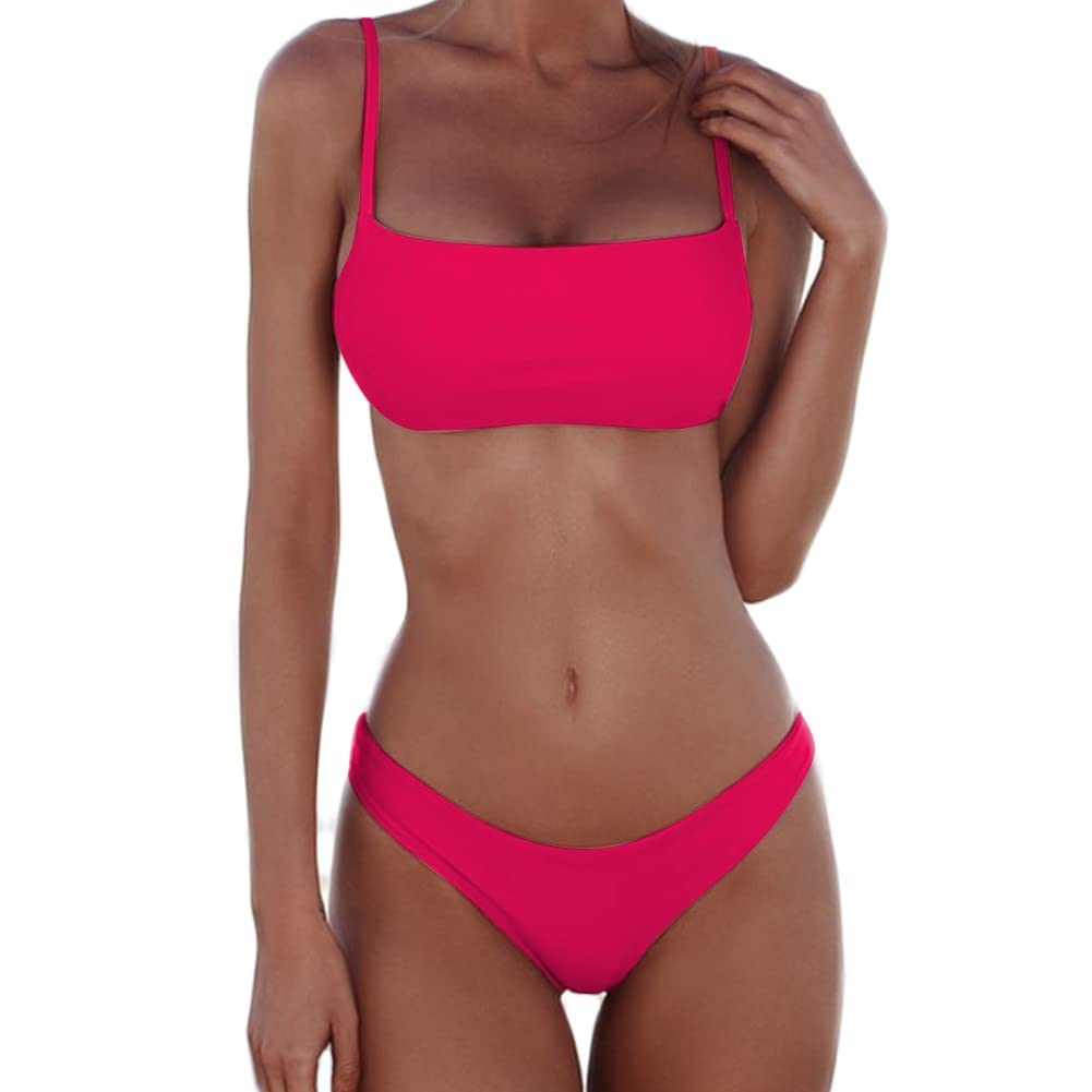 Photo 1 of meioro Bikini Set Swimsuits for Women Low Waisted Two Piece Swimwear with Brazilian Push up Top Cheeky Bottom Bathing Suits (Bright Pink, M)