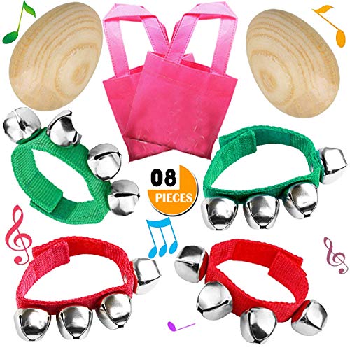 NimJoy Natural Wood Egg Shakers Jingle Bell Bracelets Rattles Percussion Musical Toys Set for Classroom Music, Playing, DIY Painting, Easter Egg Hunt & Basket Fillers, Bonus Gift Bags, 8PCS