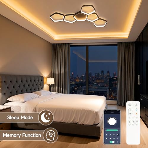 Kuwork Modern LED Ceiling Light, Living Room, 58 W, 3000 K - 6500 K, Dimmable with Remote Control and App Control, Night Light and Timer Function for Bedroom Ceiling Lamp, 90 cm, Black