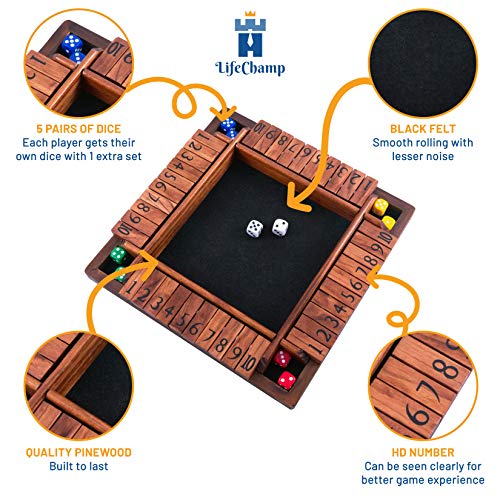 Wooden Shut The Box Game, 12 Inch, 2 to 4 Player Family Game, Adult and