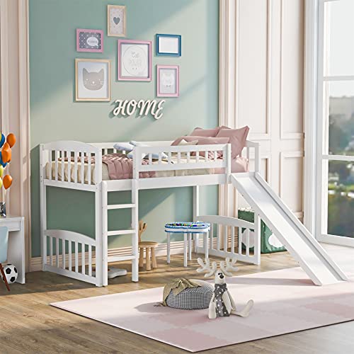 Toddler Low Loft Bed with Slide and Ladder, Wooden Twin Loft Bed for