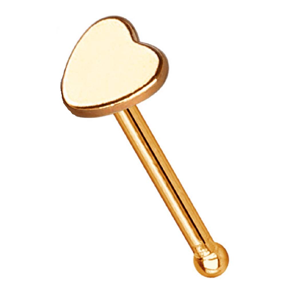 PiercedOff Rose Gold Tone IP Over 316L Surgical Steel Nose Bone Stud with Heart Head - Thickness 20GA (0.8mm) / Length 6mm / Heart Size 3mm