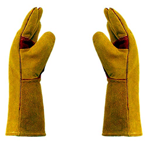 Work Gloves Leather Gardening Glove (1 Pair) 14 inch for Men Women Cowhide Reinforced Protection Padding Palm Animal Handling Bite Proof Dog Cat Scratch（Brown）