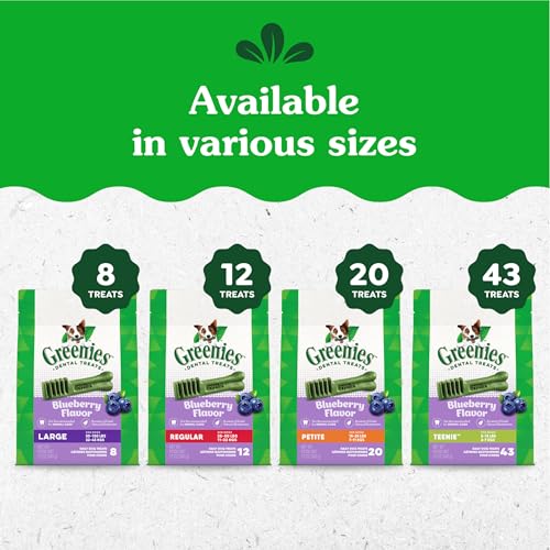GREENIES VETERINARIAN-RECOMMENDED NATURAL DENTAL DOG TREATS, DENTAL CHEWS FOR DOGS, REGULAR SIZE, BLUEBERRY FLAVOR, 12 OZ. PACK, 12 COUNT