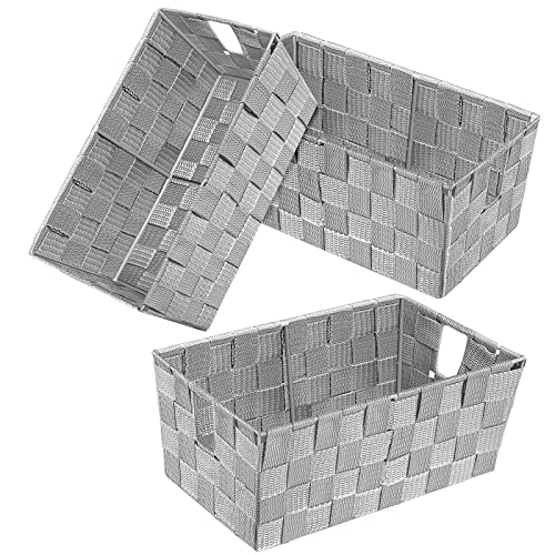 Homyfort Woven Baskets for Shelves Storage, Small Organizing Storage Bins with Built-in Handles, Multi-Use Pantry Organization for Bathroom, Bedroom, Office, Closet, Nursery, 3 Pack (Light Grey)