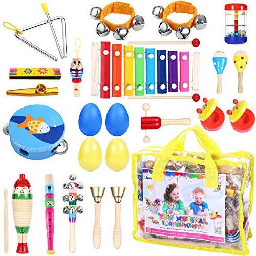 Toddler Musical Instruments - 23 Pcs, 16 Different Types, Wooden Percussion Instruments Tambourine Xylophone Musical Toys Set for Kids Children Boys Girls Preschool Education (with Carrying Bag)