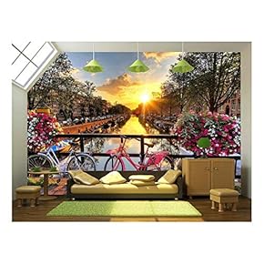 Beautiful Sunrise Over Amsterdam, The Netherlands, with Flowers and Bicycles on The Bridge in Spring - Removable Wall Mural | Self-Adhesive Large Wallpaper - 66x96 inches