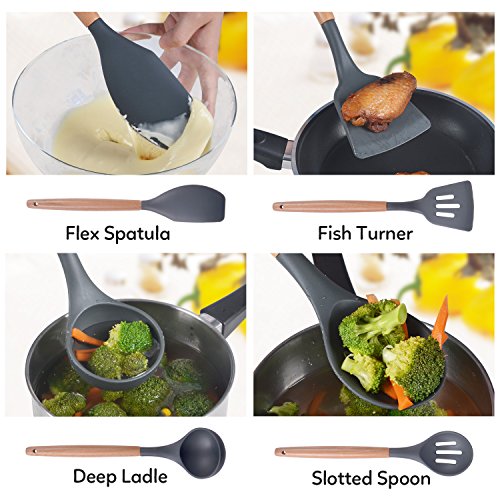 SAVORLIVING Silicone Kitchen Utensil 5 Pieces Set with Wooden Handle, Cooking Tools including Spatula,Turner, Soup Ladle, Serving Spoon,Slotted Spoon, 7.9 inches , Grey