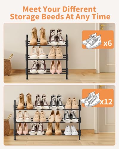 Anhow 3 Tier Shoe Rack, Space-Saving Expandable Metal Shoe Rack Open for 6-12 Pairs of Shoes for Entrance, Living Room, Hallway, Bedroom, Wardrobe (Black)
