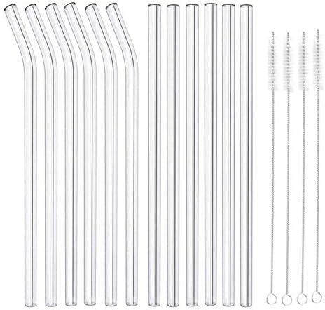 NorthPada Set of 12 Glass Straws 8.5" Long Reusable Drinking Straws for 30oz / 20oz Tumblers Yeti Cup 10mm Diameter Transparent (6 Straight + 6 Bent + 4 Brushes)