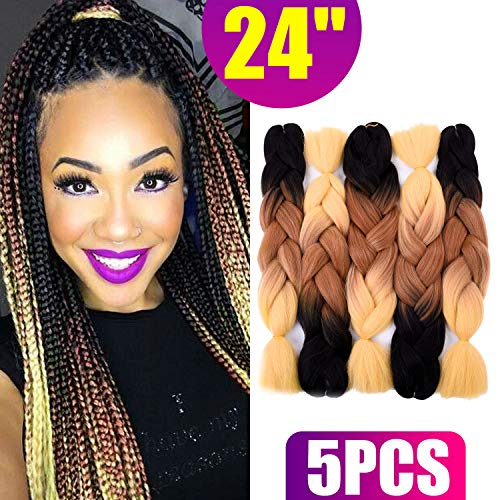 Silike Brown Jumbo Braid Crochet Hair (5 Pieces) 24'' Kanekalon Jumbo Braiding Hair Extensions For Girls (Black/Brown/Yellow)