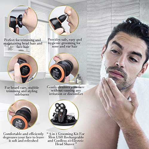 5 in 1 Grooming Kit For Men Cordless 4D Electric Head Shaver with Sideburns Knife, Head Hair Trimmer, Nose and Ear Trimmer, Facial Cleansing Brush and Soft Face Sponge