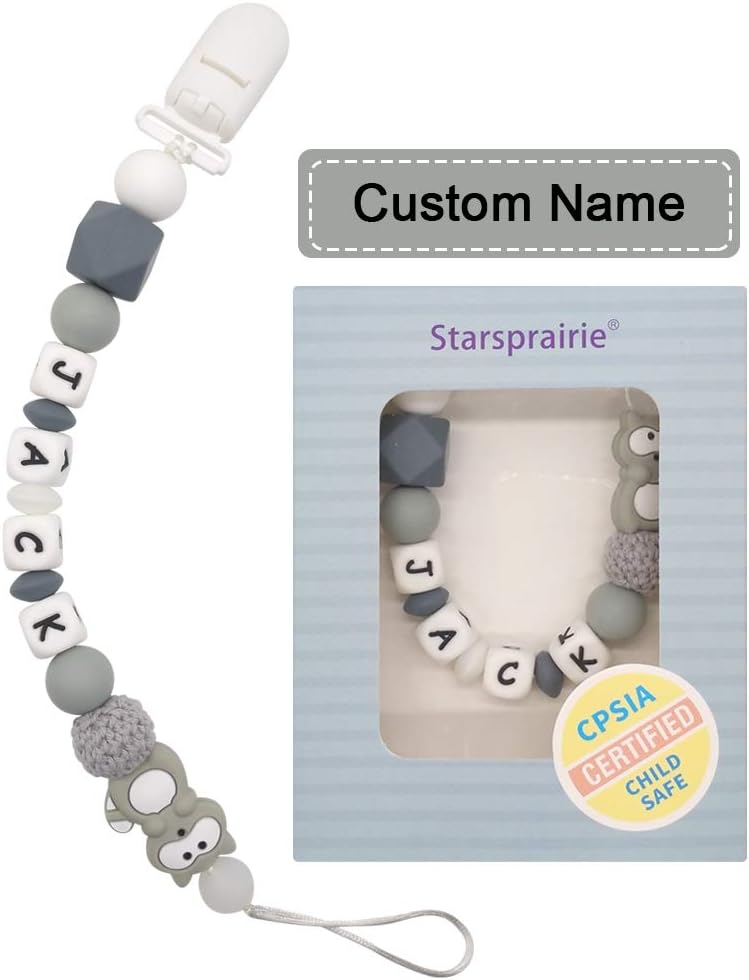 Personalized Pacifier Clip with Name Baby Teething Toys Custom Name Pacifier Holder BPA Free Silicone Beads Binky Holder for Boy Girl, Soothie,Mam, Shower Gift Raccoon (Grey)