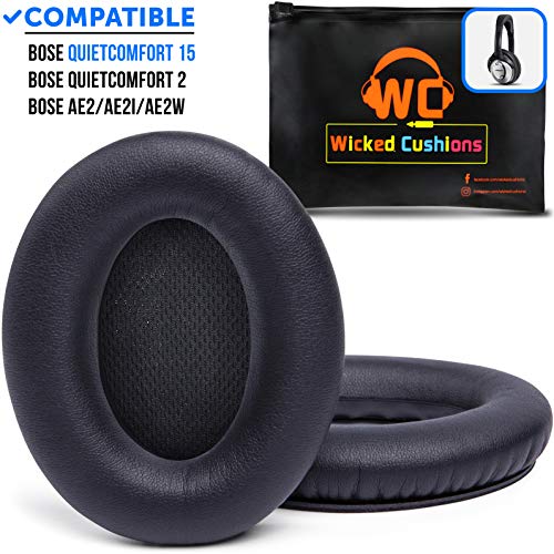 Premium Bose QC15 Headphone Replacement Ear Pads Made by Wicked Cushions - Memory Foam Adapts to Your Ears - Fits QuietComfort 15 / QC2 / Ae2 / Ae2i / Ae2w / SoundTrue & SoundLink (Over-Ear) | Black
